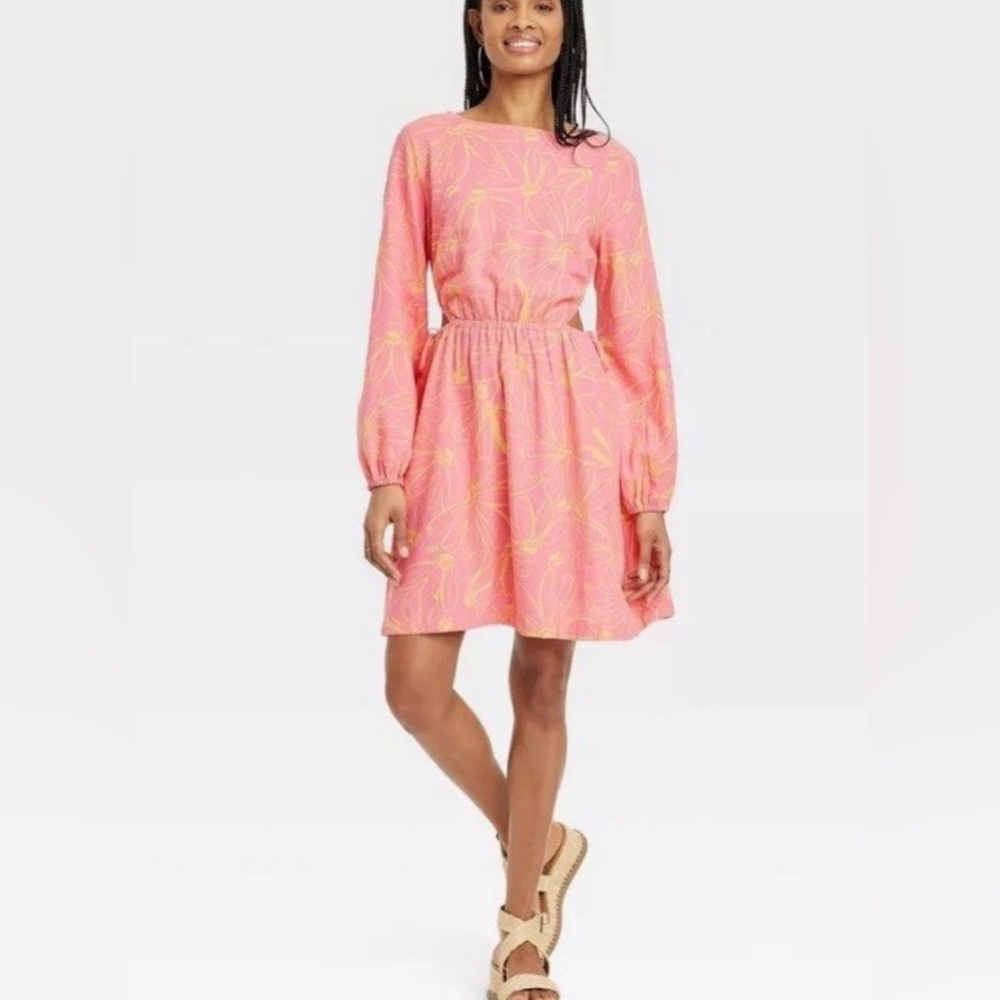 Universal Threads Pink/Yellow Print Linen Cut Out Dress Size Large